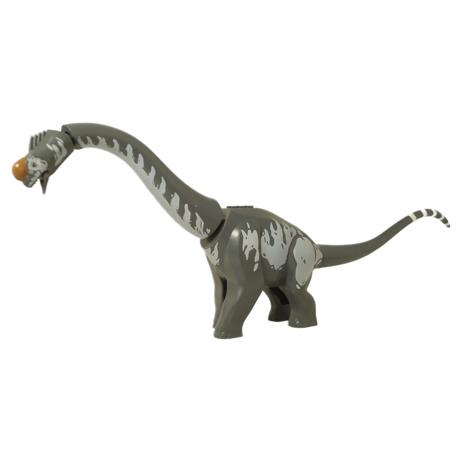 Full side profile of the dark grey LEGO Titanosaurus dinosaur figure with a long, striped tail.