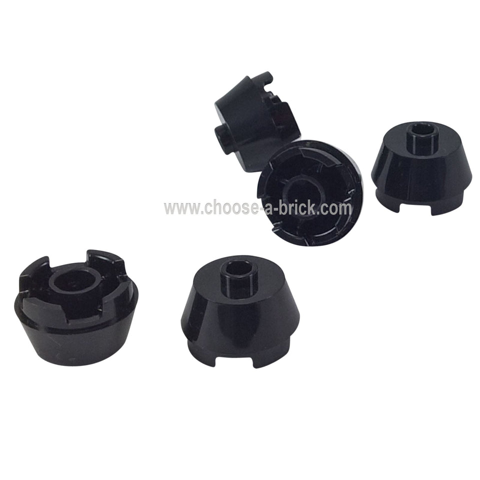 Group of black LEGO Cone 2x2 Truncated pieces (98100) showing both top and bottom views.