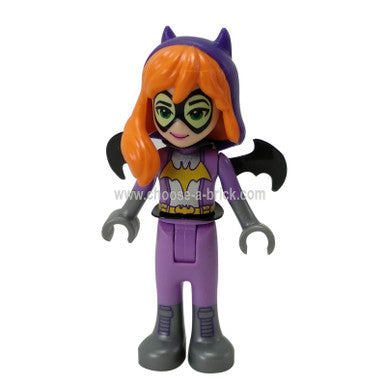 LEGO Batgirl minifigure, medium lavender suit, orange hair and wings, front view