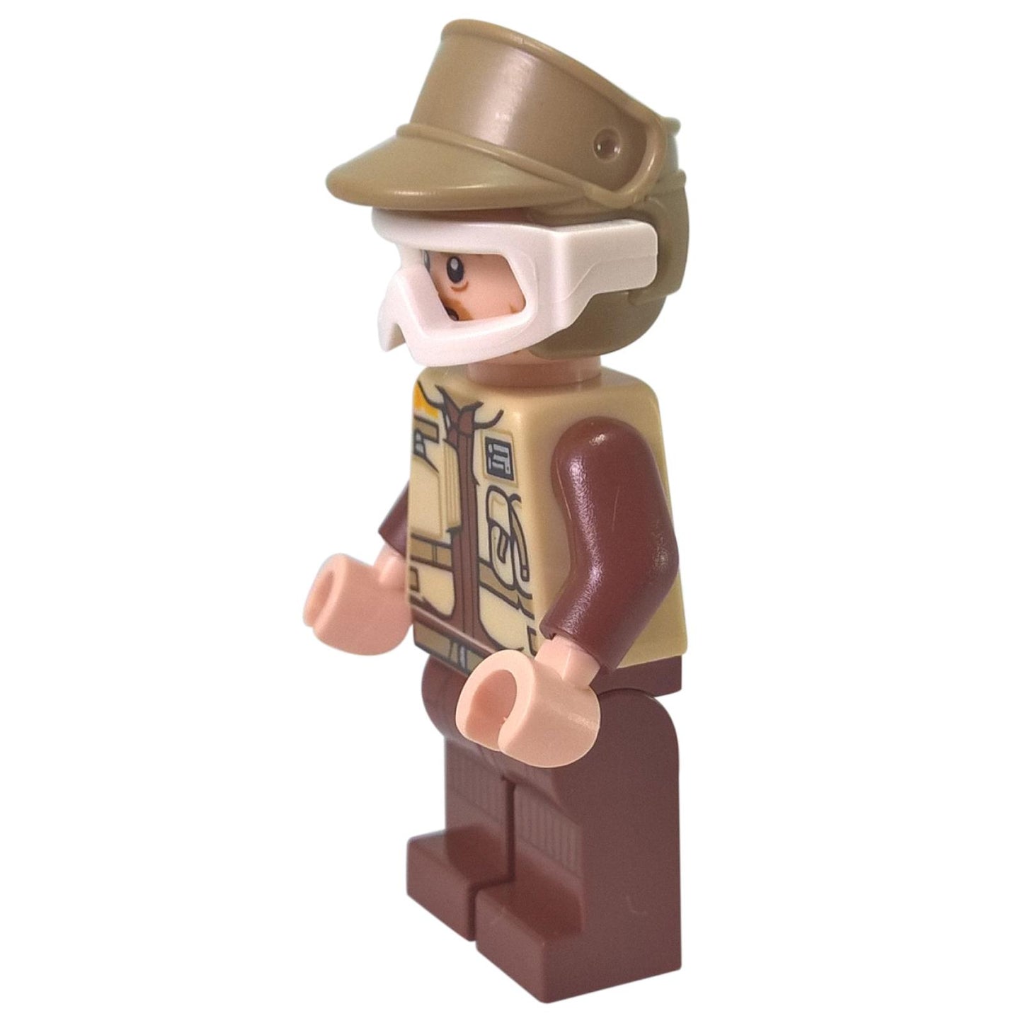 Side view of LEGO Rebel Trooper Rostok wearing a tan cap with white goggles accessory.