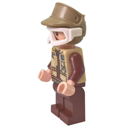 Side view of LEGO Rebel Trooper Rostok wearing a tan cap with white goggles accessory.