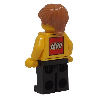 LEGO® Store Employee female minifigure bdp055 rear angled view showing the printed LEGO logo on the torso