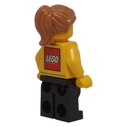 LEGO® Store Employee female minifigure bdp055 opposite rear view showing ponytail hair and LEGO logo torso print