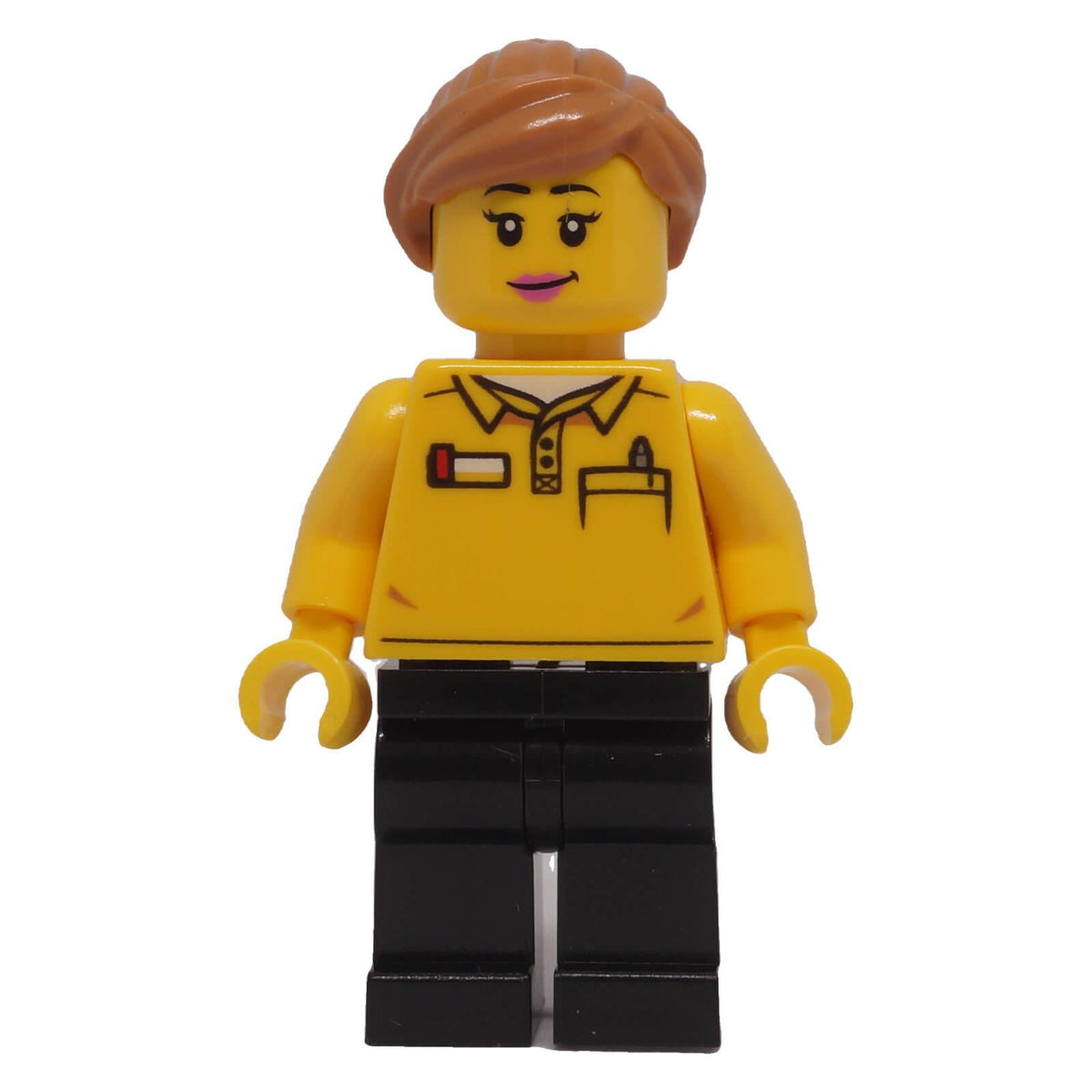 LEGO® Store Employee female minifigure bdp055 front view with ponytail and face print without sunglasses