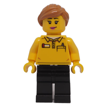 LEGO® Store Employee female minifigure bdp055 front view with ponytail and face print without sunglasses