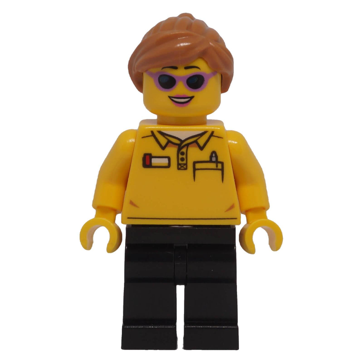 LEGO® Store Employee female minifigure bdp055 front view with ponytail, sunglasses and printed uniform