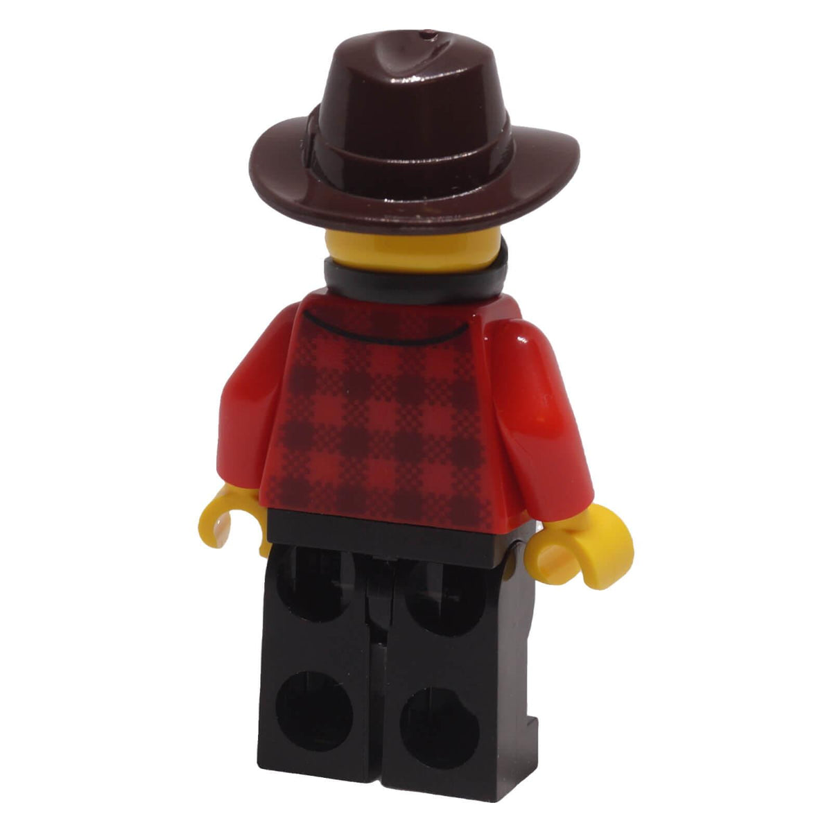 LEGO® Gold Mine Bandit minifigure bdp301 rear view showing red plaid back print, black legs and dark brown fedora