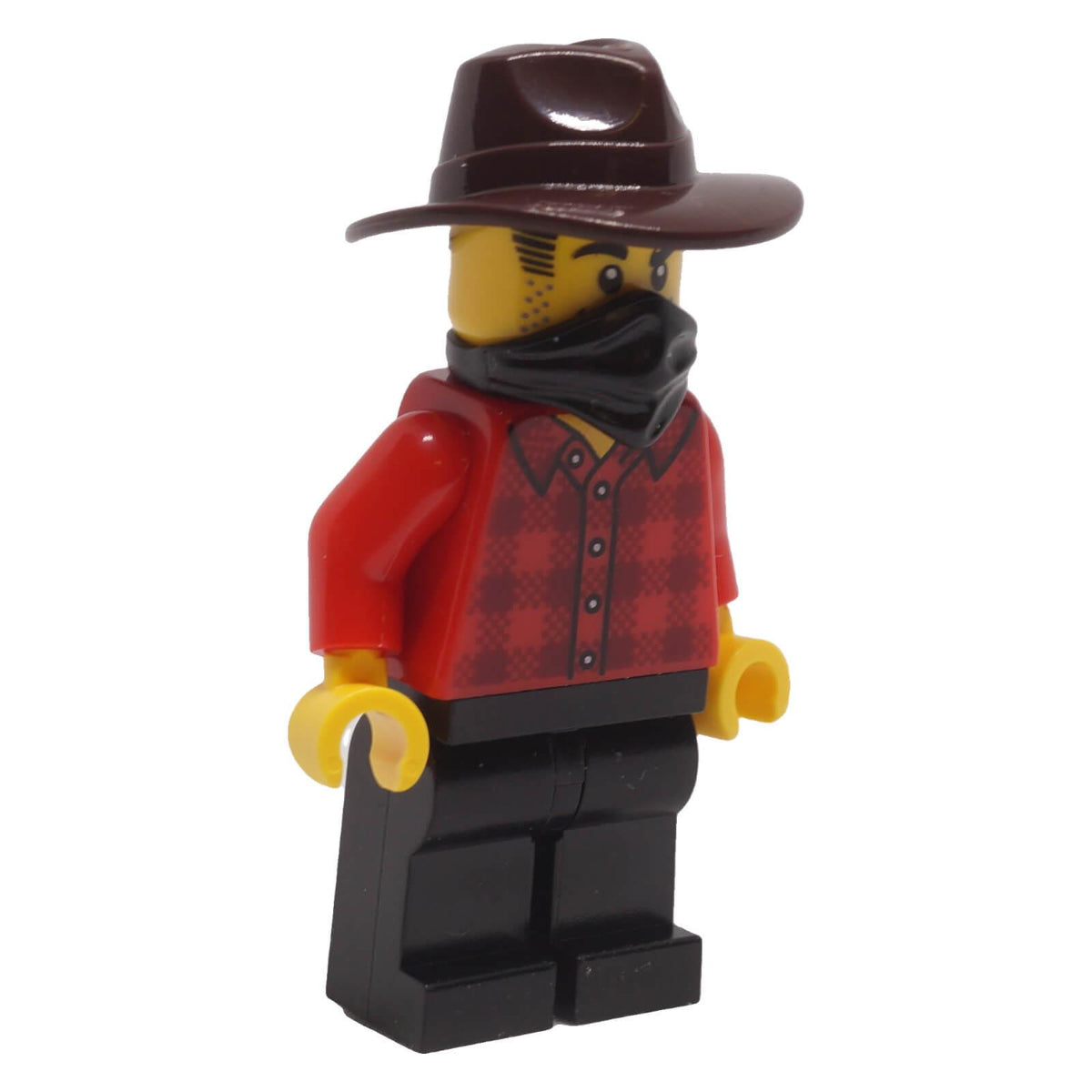 LEGO® Gold Mine Bandit minifigure bdp301 front three-quarter view with black bandana and red plaid shirt