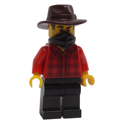 LEGO® Gold Mine Bandit minifigure bdp301 front view with red plaid shirt, dark brown fedora and black bandana
