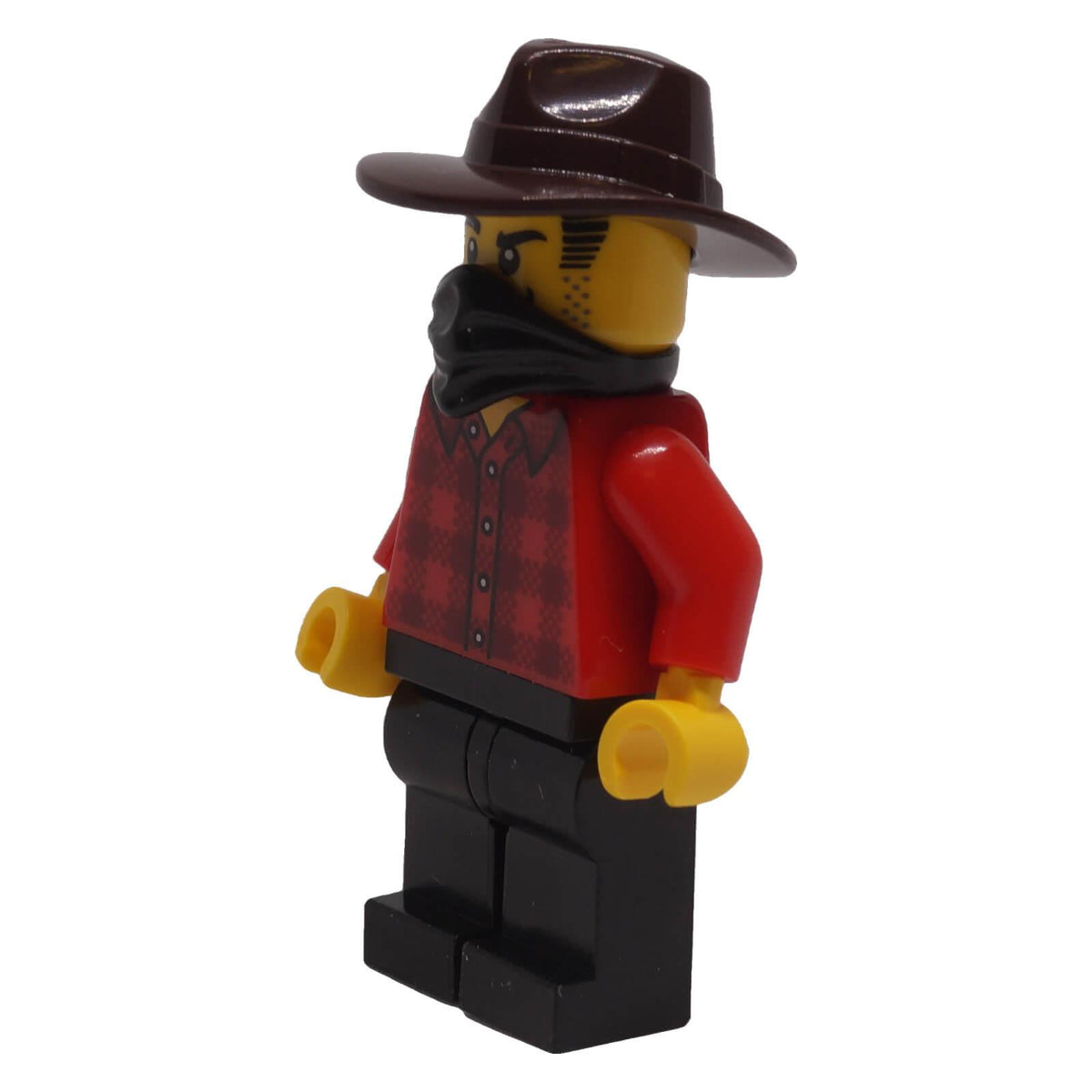 LEGO® Gold Mine Bandit minifigure bdp301 left angled view showing fedora, bandana and plaid shirt
