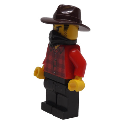 LEGO® Gold Mine Bandit minifigure bdp301 left angled view showing fedora, bandana and plaid shirt