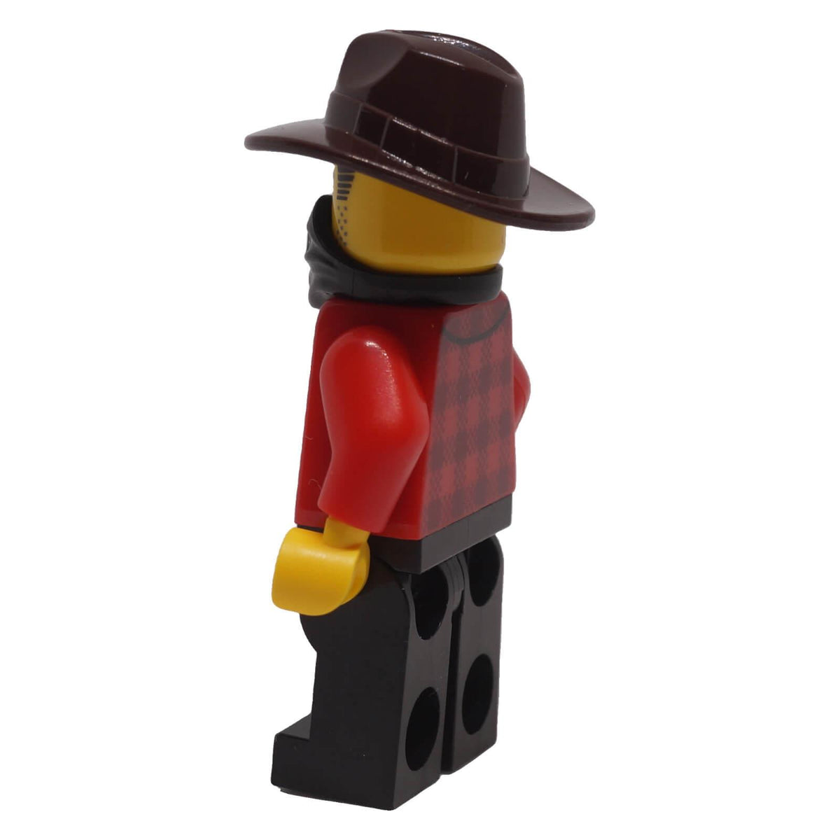 LEGO® Gold Mine Bandit minifigure bdp301 rear-side view showing plaid torso back print and fedora