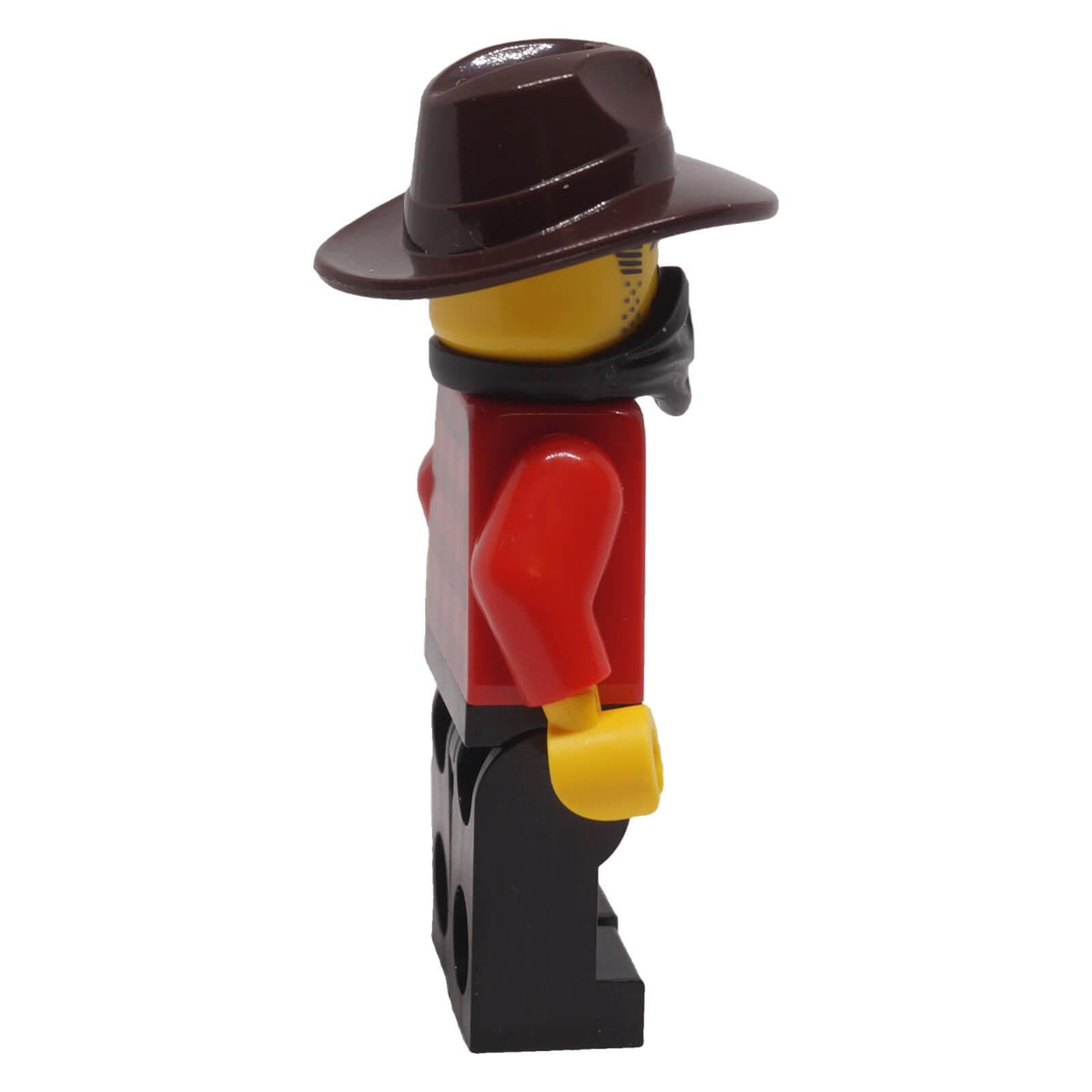LEGO® Gold Mine Bandit minifigure bdp301 right-side view with dark brown fedora and black legs