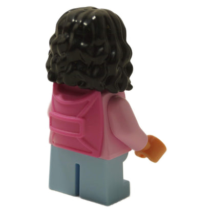 Back of LEGO® Isabella Delgado minifigure showing pink backpack print and dark hair