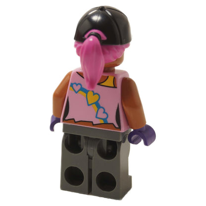 Beach Bomber LEGO® Fortnite minifigure (fort012) with pink tank top print, black cap, and gray striped legs back profile view.