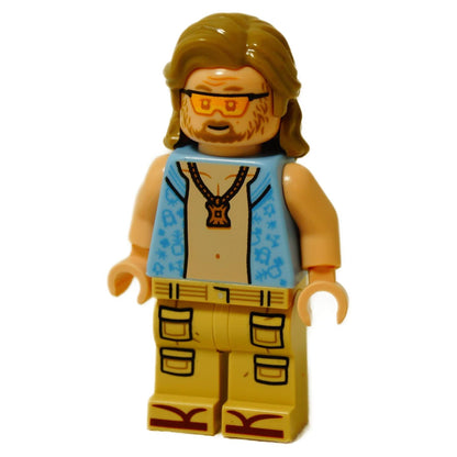 LEGO Beach Luke minifigure front view with sunglasses, blue floral shirt, and tan cargo pants