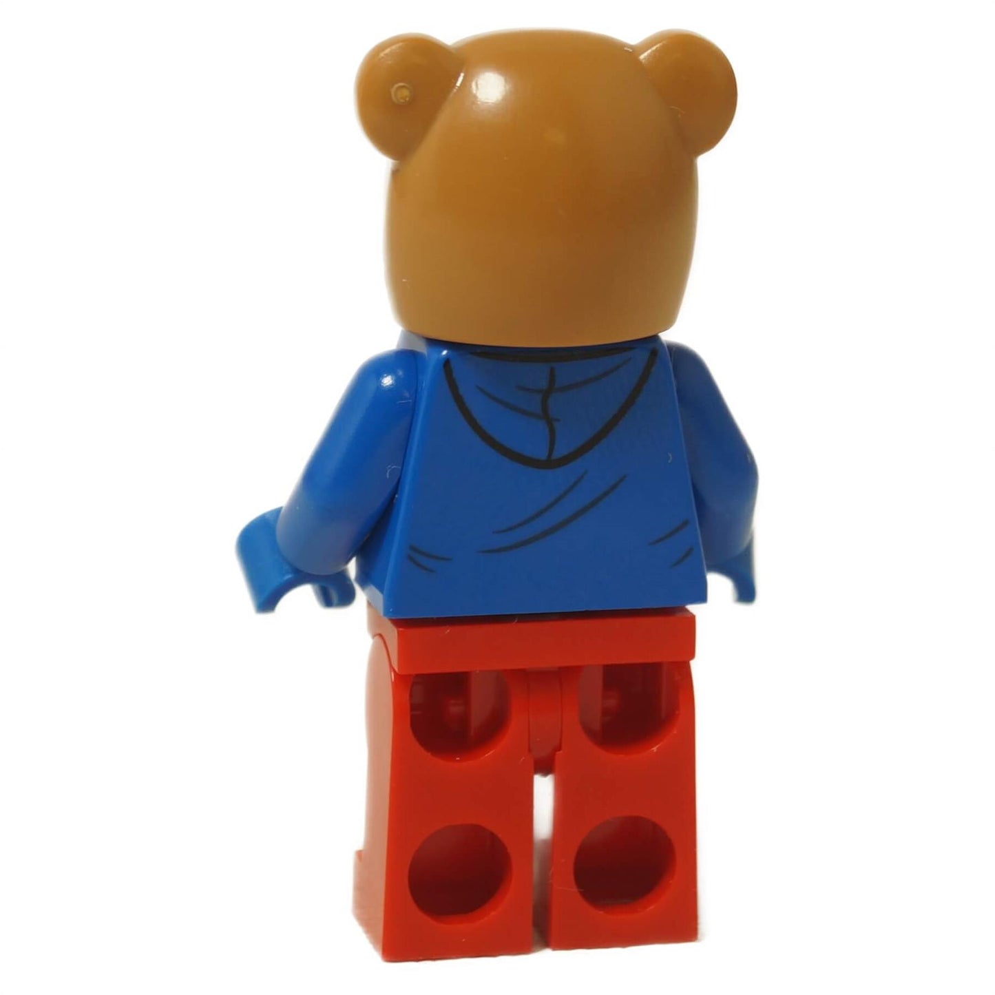 Side view of LEGO® Bear Costume Girl Minifigure with brown bear head, blue torso, and red legs.
