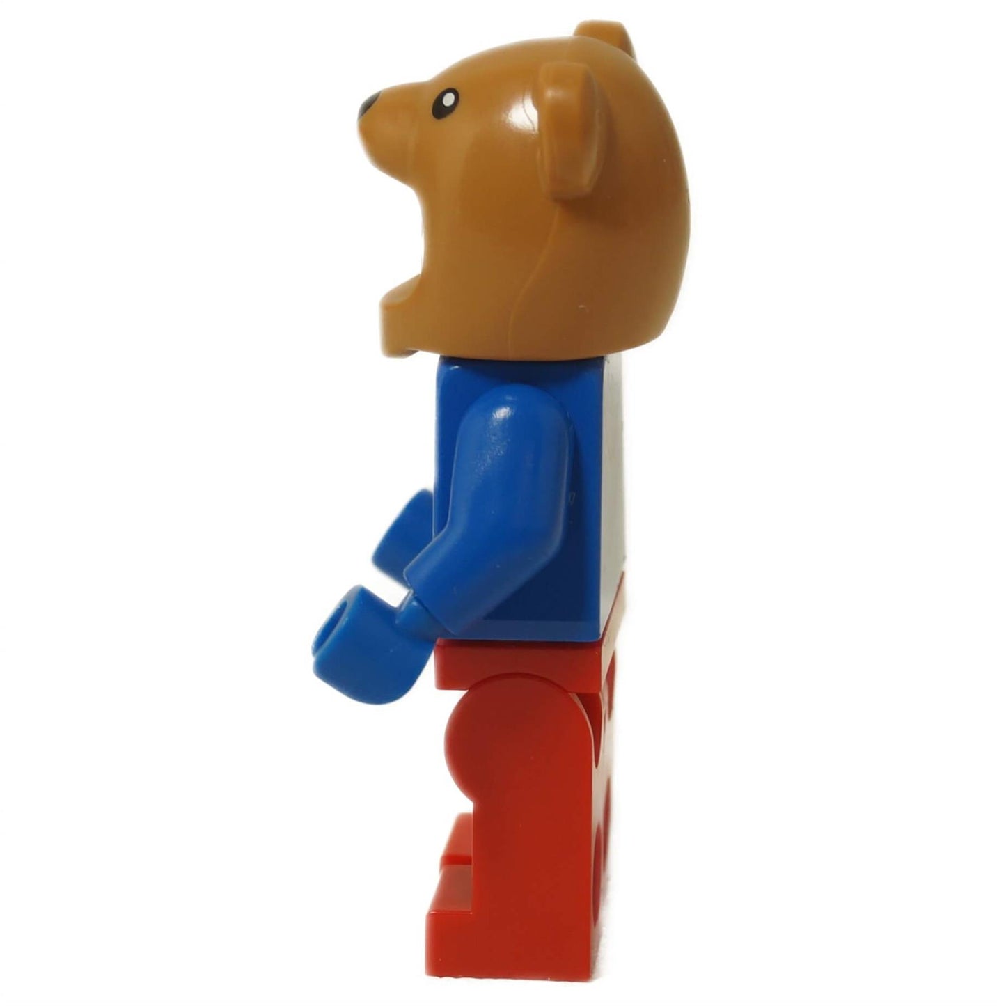 Back view of LEGO® Bear Costume Girl Minifigure showing brown bear head and blue hoodie print.
