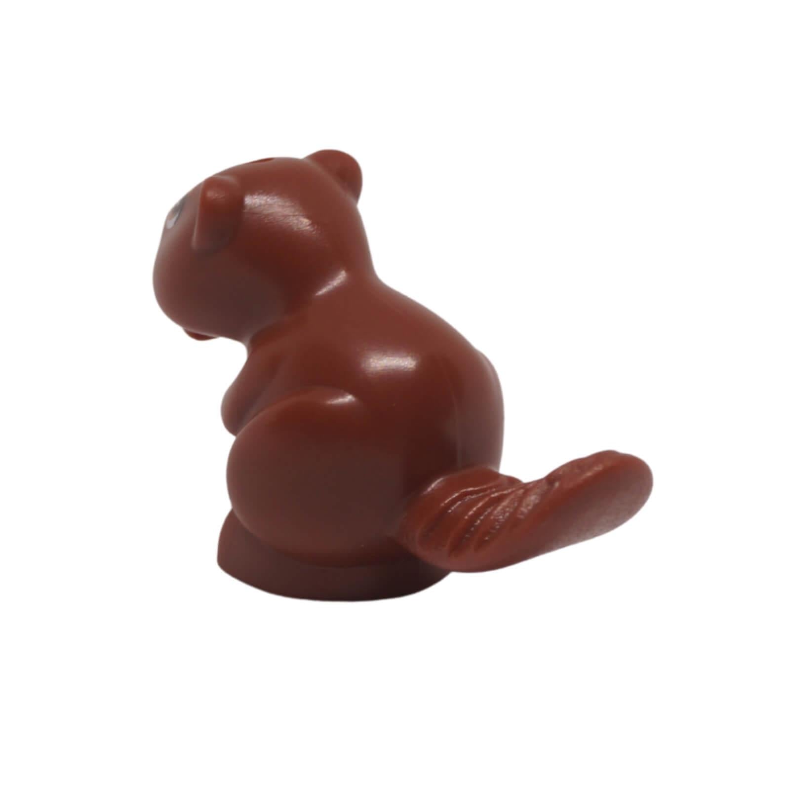 rear view of LEGO reddish brown Friends style beaver figure with white teeth and nougat eyes (Part 5553pb01).