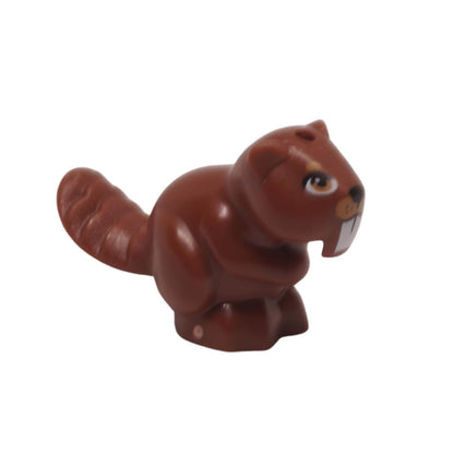 side view of LEGO reddish brown Friends style beaver figure with white teeth and nougat eyes (Part 5553pb01).