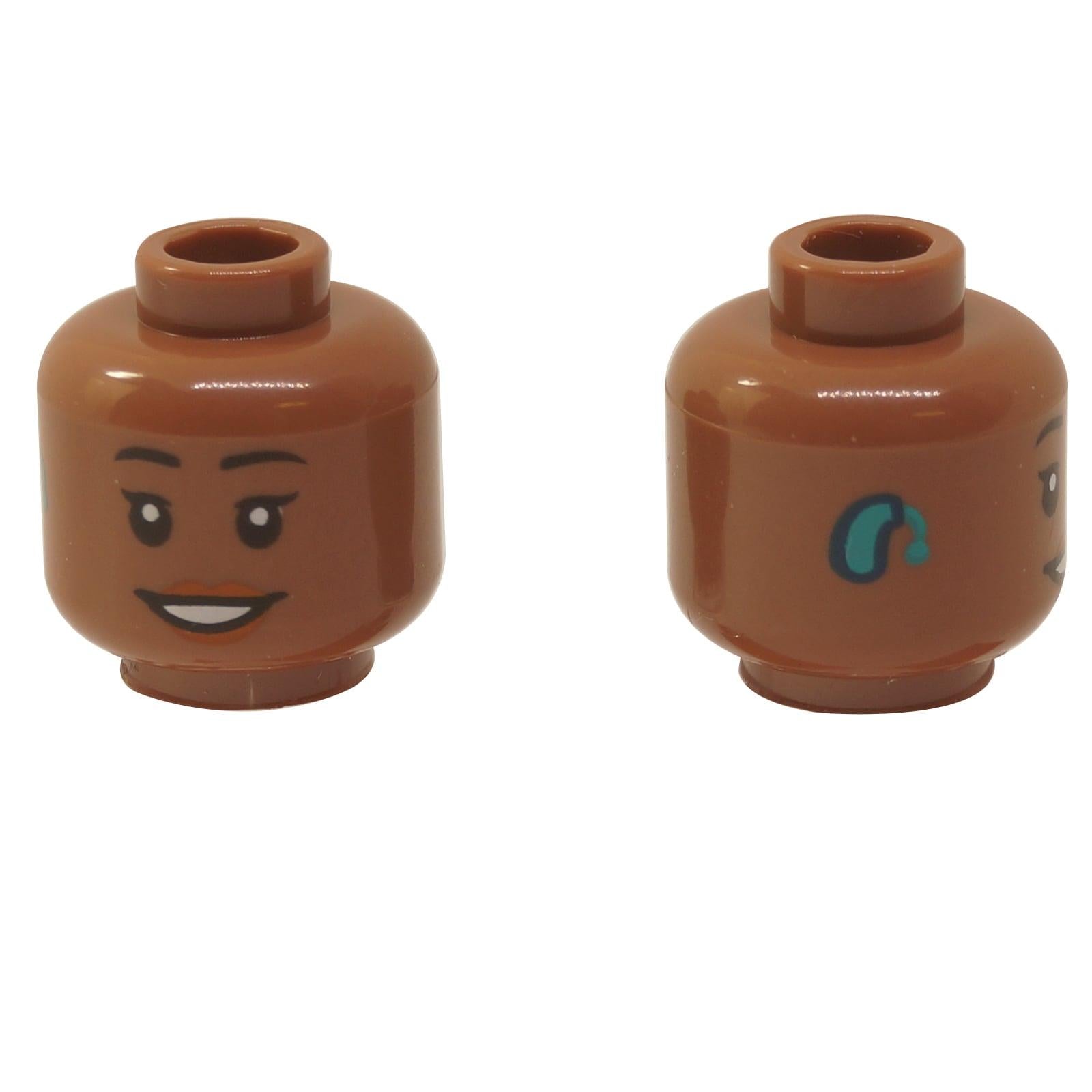 LEGO ženská hlava s naslouchátkem 3626pb3166 červenohnědá kůže a úsměv zepředu a z boku
