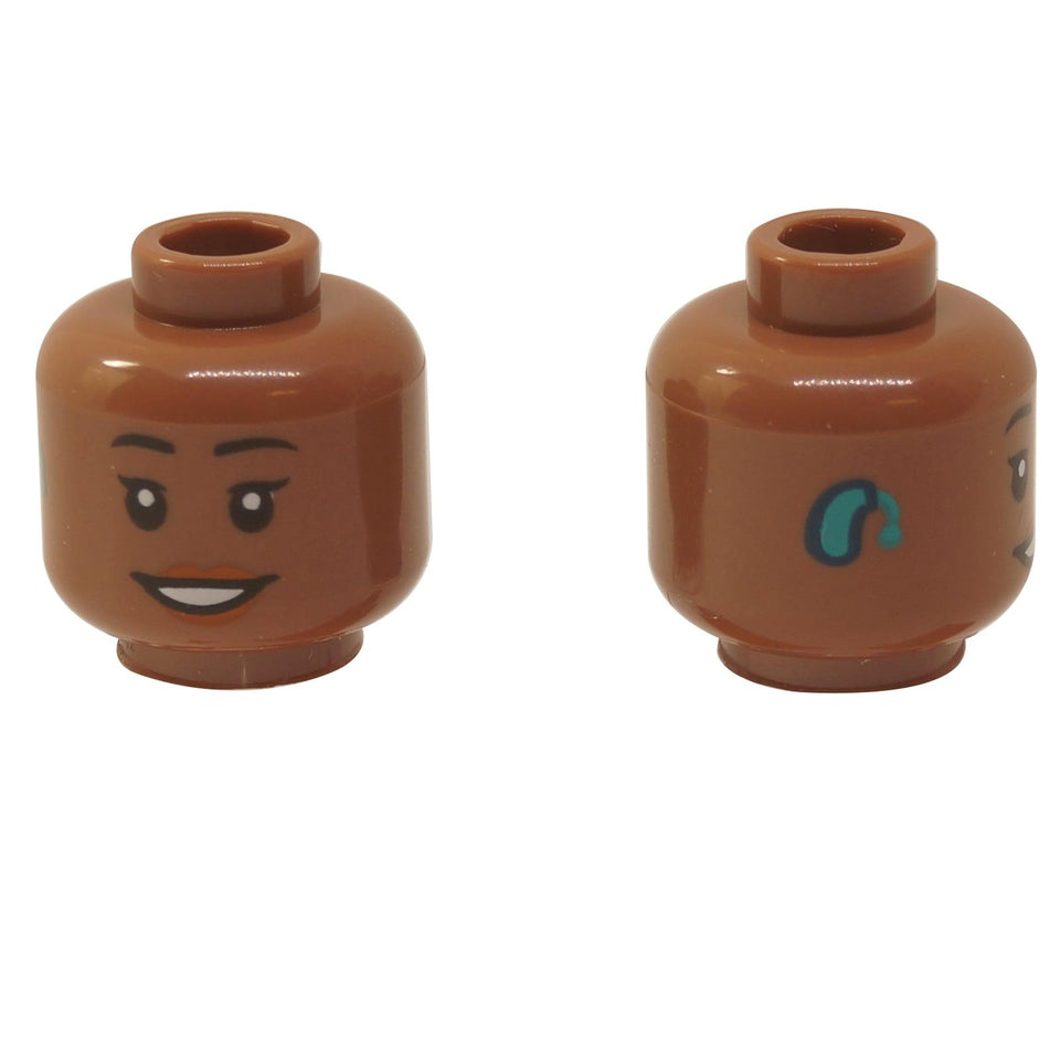 LEGO Female Head with Hearing Aid 3626pb3166 reddish brown skin and smile front and side view