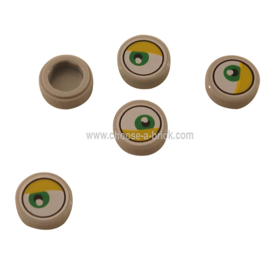 Gri Albastru Deschis Placă, Rotundă 1 x 1 cu Ochi Verde Lateral și Model de Pleoapă Galben