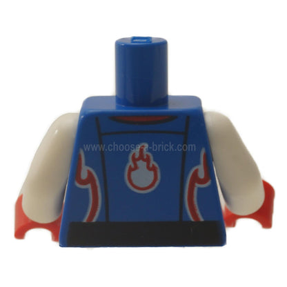 LEGO Blue Torso Flight Suit, back view with red flames and white arms.