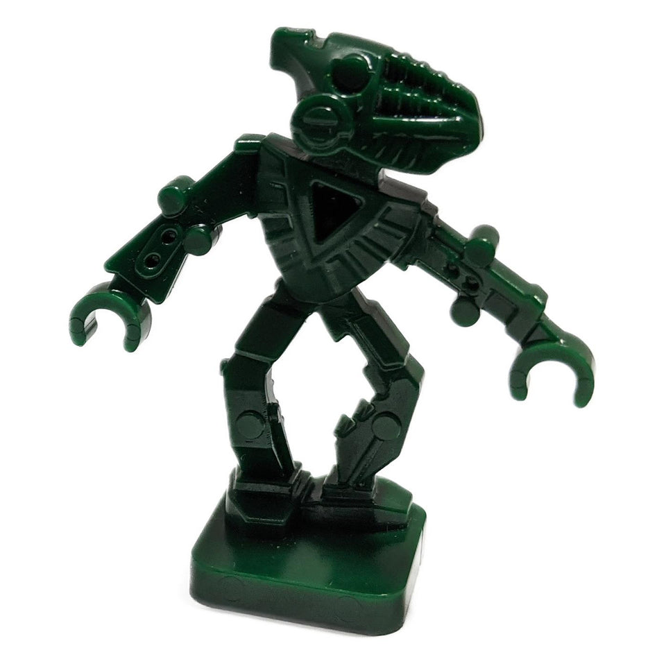 LEGO Bionicle Mini Toa Hordika Matau 51636 dark green robotic figure with articulated arms and legs on small base
