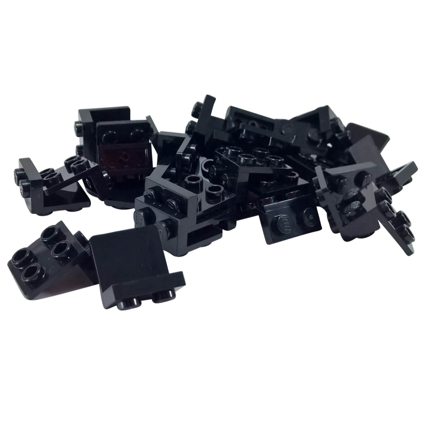 Pile of black LEGO Bracket 1x2 - 2x2 pieces (44728) showing studded and hollow sides.