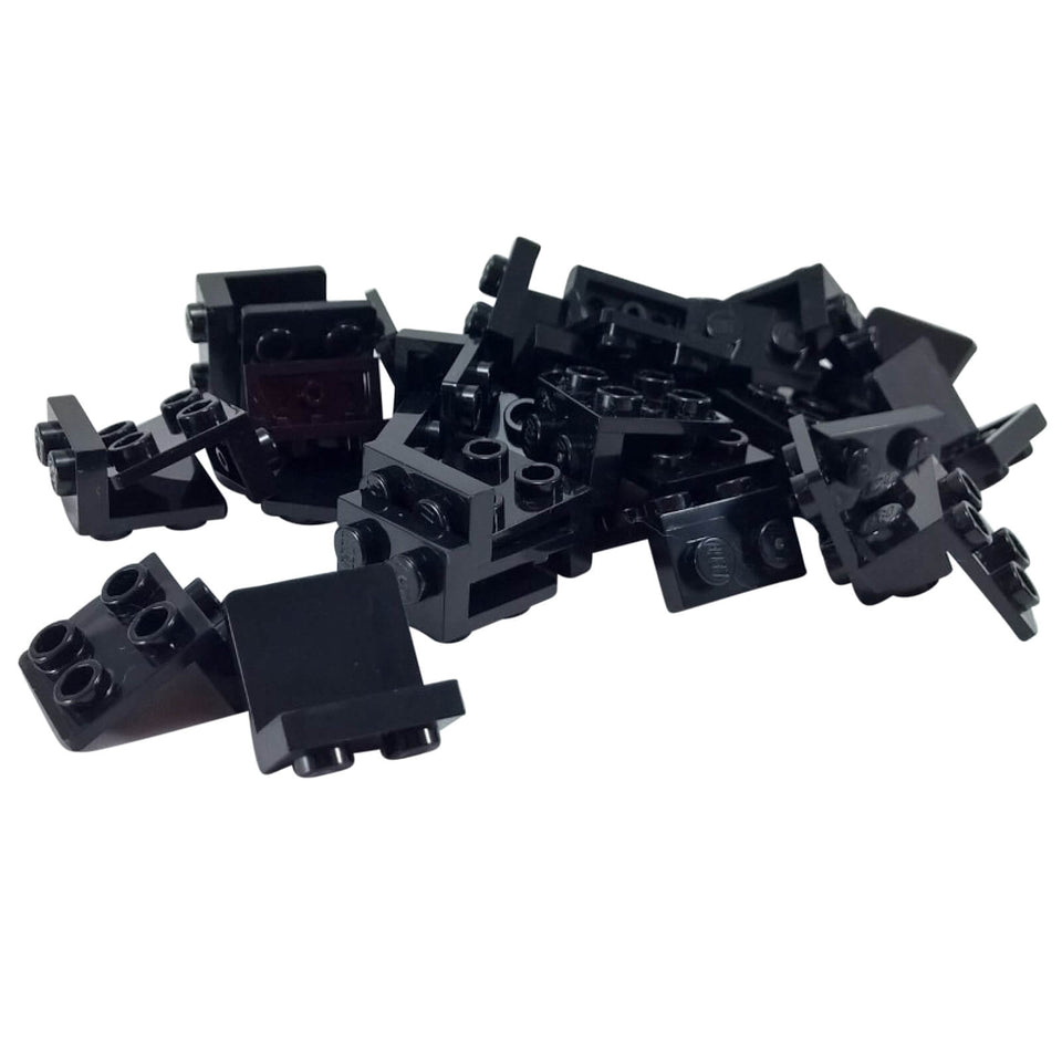 Pile of black LEGO Bracket 1x2 - 2x2 pieces (44728) showing studded and hollow sides.