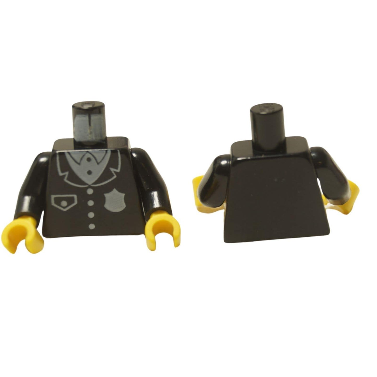 LEGO® Classic Police Torso (973pb0091c01) in black with a printed silver badge, showing front and plain back views.