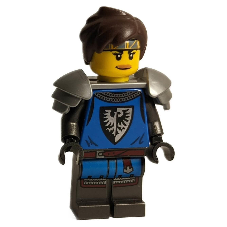 LEGO Black Falcon female knight minifigure idea084 – layered flat silver and dark grey shoulder pauldron, blue heraldic shield torso, dark reddish brown hair piece, LEGO Ideas 21325