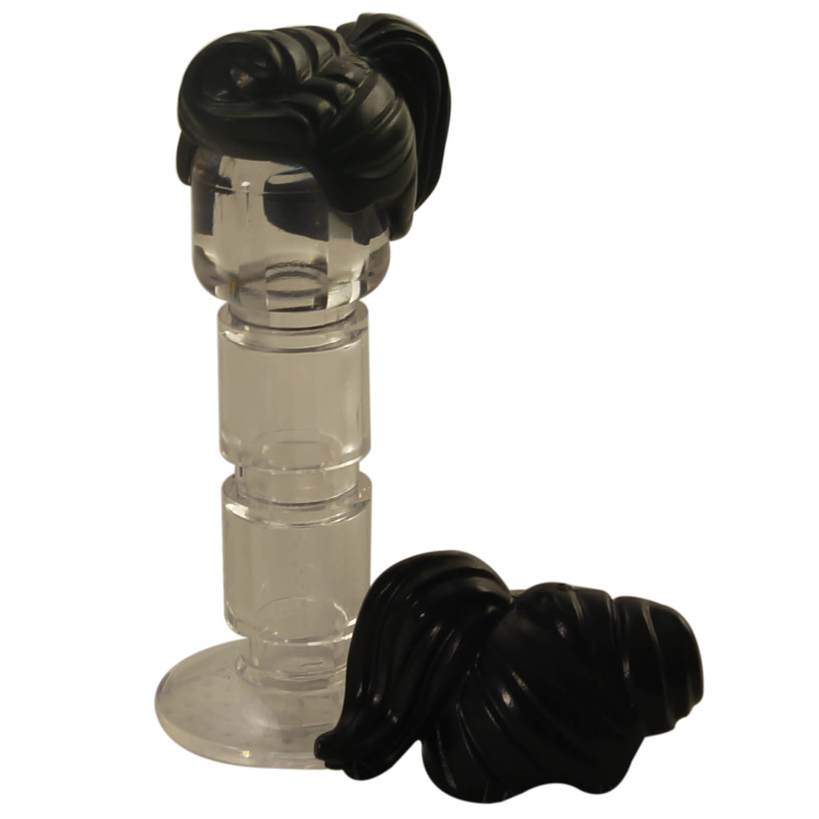 Black female minifigure hair with ponytail and fringe, smooth molded hairstyle for modern and casual characters
