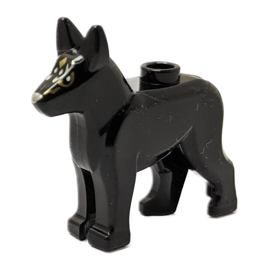 Black German Shepherd dog figure with gold eyes and silver muzzle print, standing side view on white background
