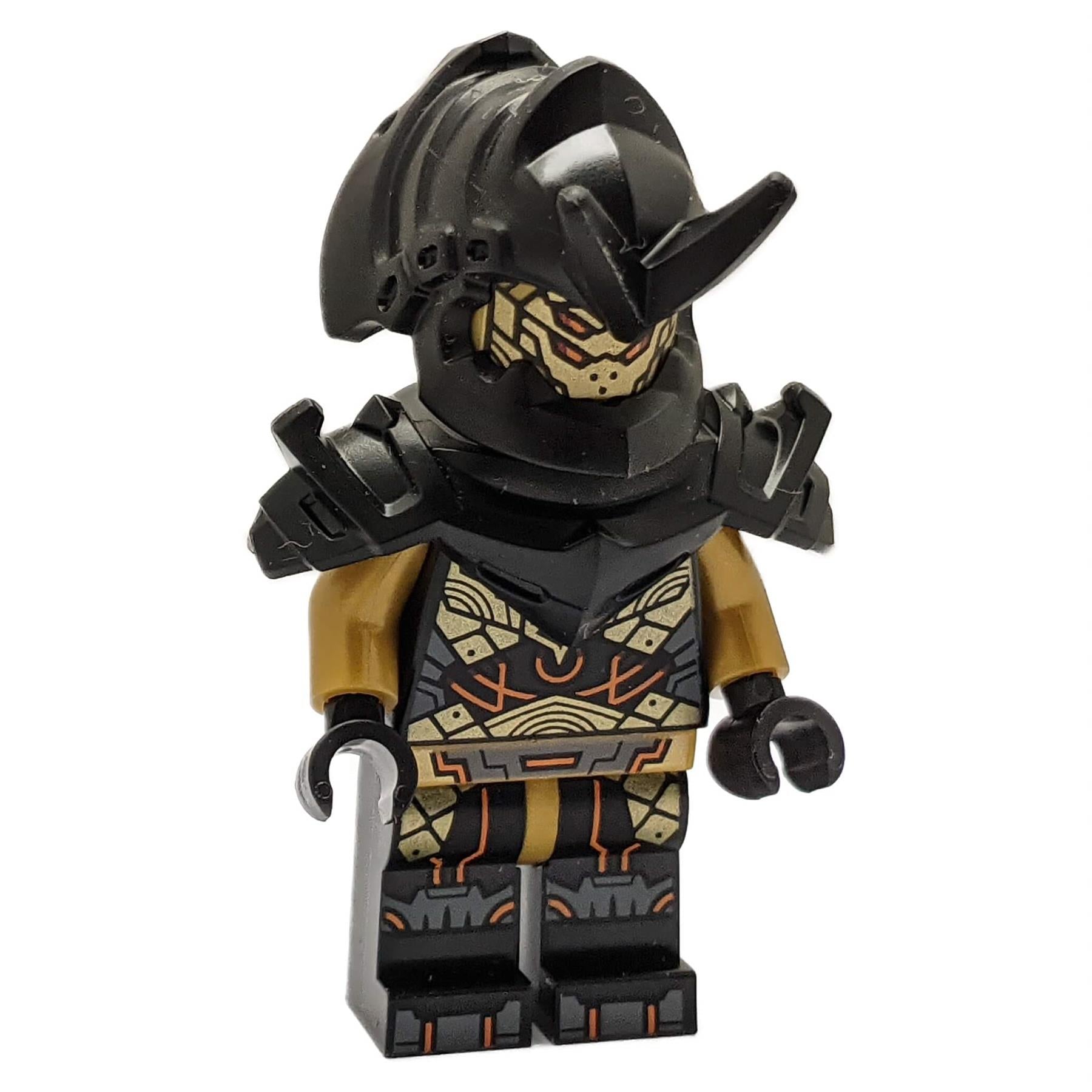 Black armored warrior minifigure with clawed helmet, shoulder armor and printed dark suit
