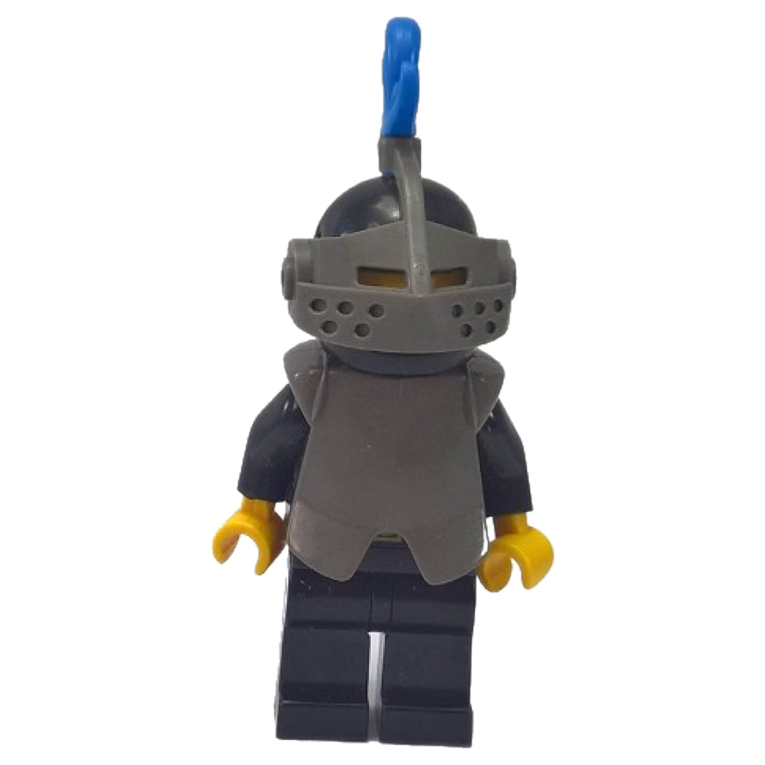 Black Knight cas173 minifigure with breastplate, dark grey visor and blue plume