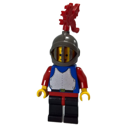 Black Knight cas179 minifigure with blue armour, grille helmet and red dragon plumes
