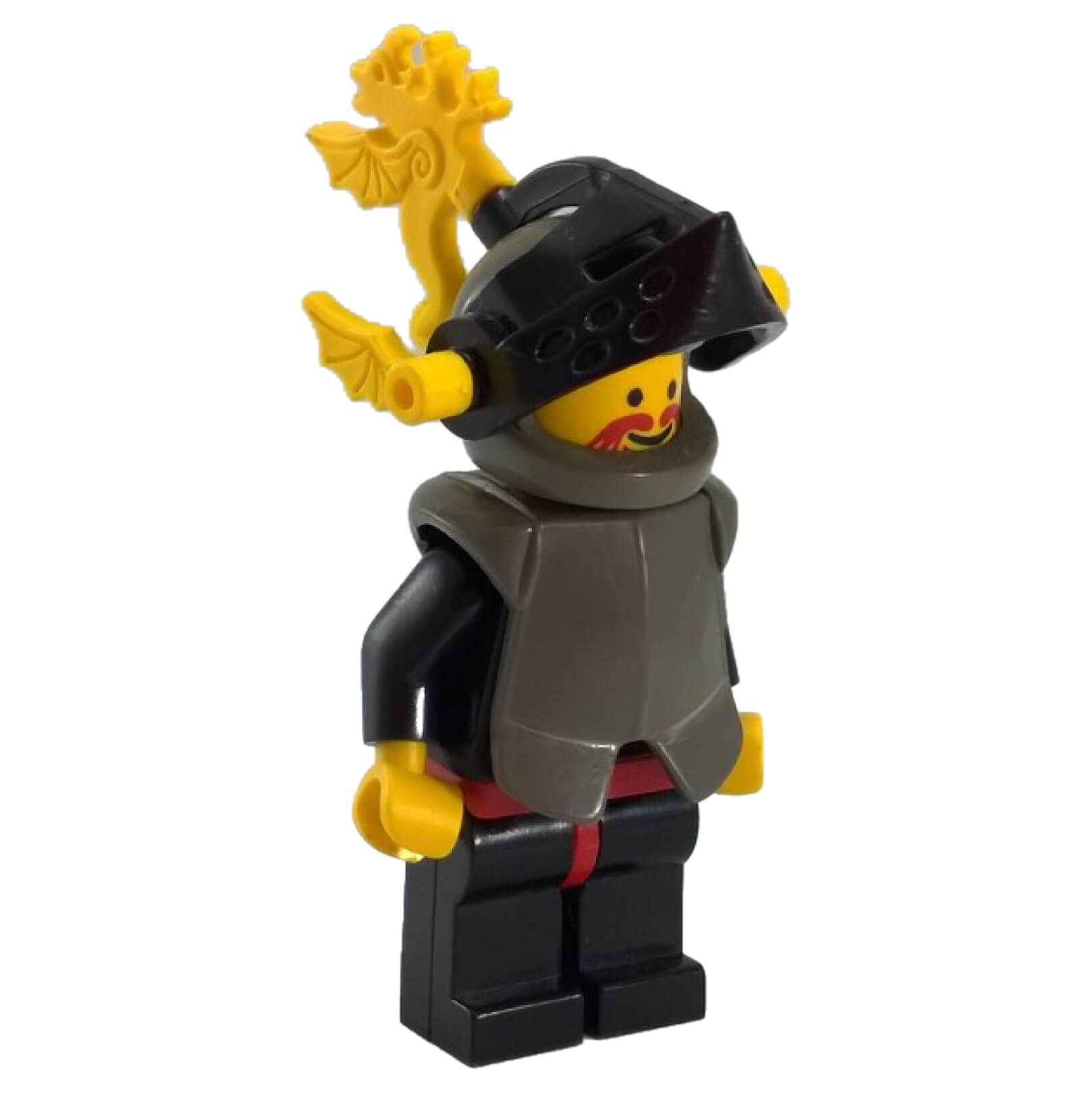 Black Knight cas166 minifigure with breastplate, black visor and yellow dragon plumes