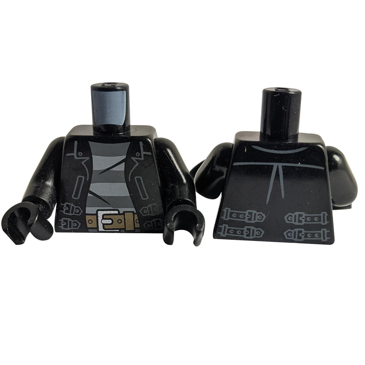 LEGO® black minifigure torso with leather jacket print, gray striped shirt, and tan belt with silver buckle (973pb1550c01)