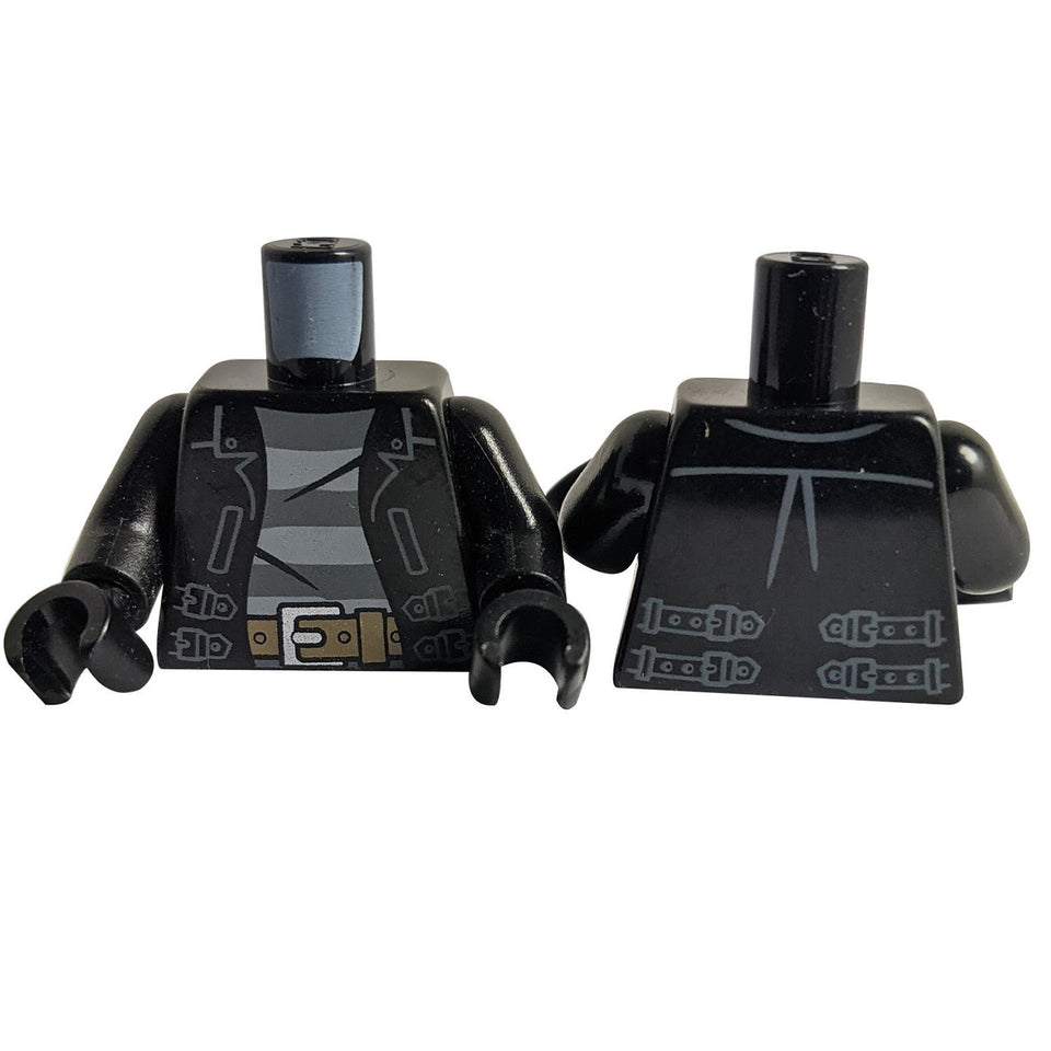 LEGO® black minifigure torso with leather jacket print, gray striped shirt, and tan belt with silver buckle (973pb1550c01)