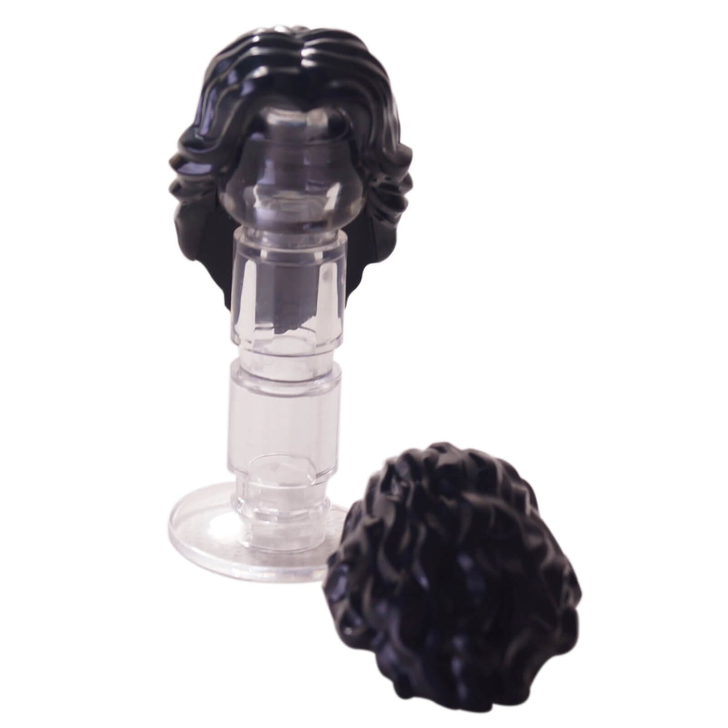 Black LEGO® female minifigure hair, mid-length wavy style with center part (part 90396)

