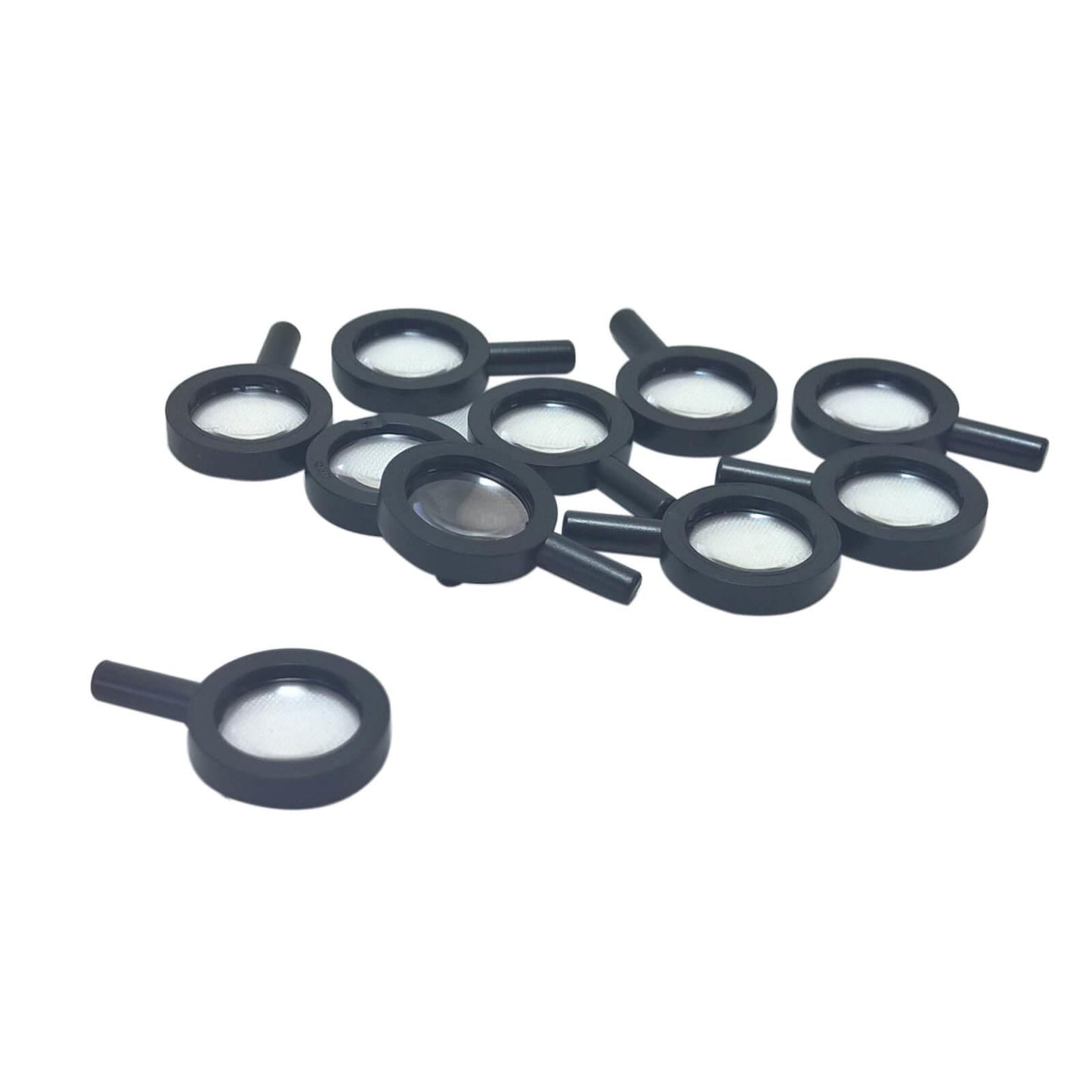 LEGO Black Magnifying Glass, transparent lens with crosshairs, group view