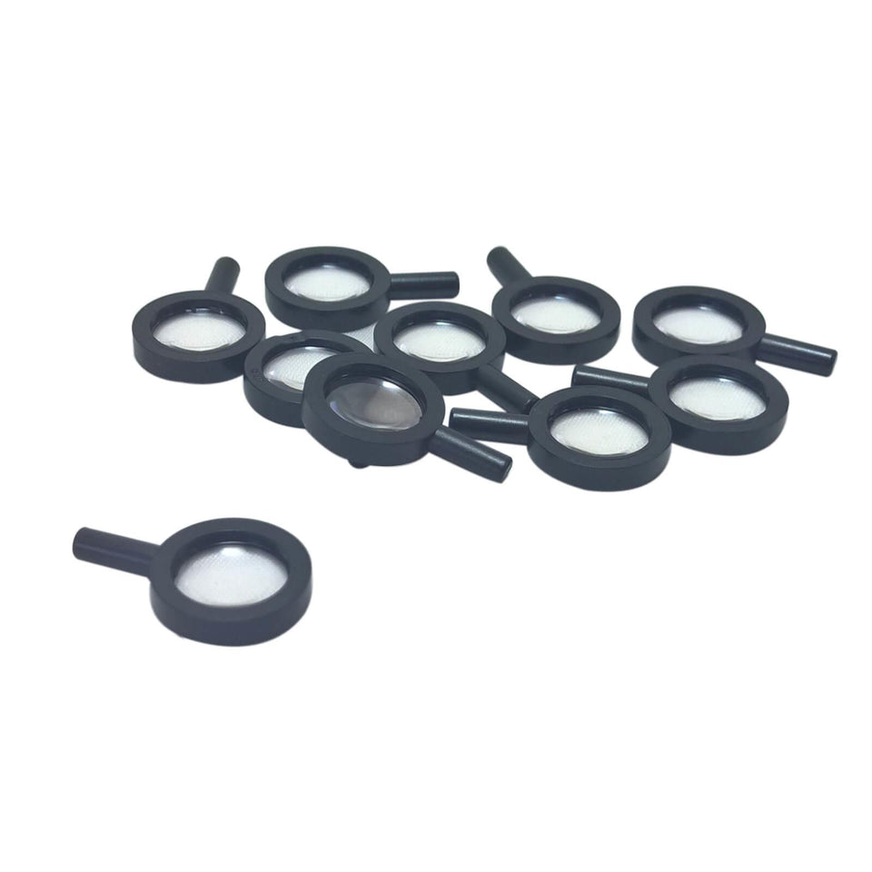 LEGO Black Magnifying Glass, transparent lens with crosshairs, group view