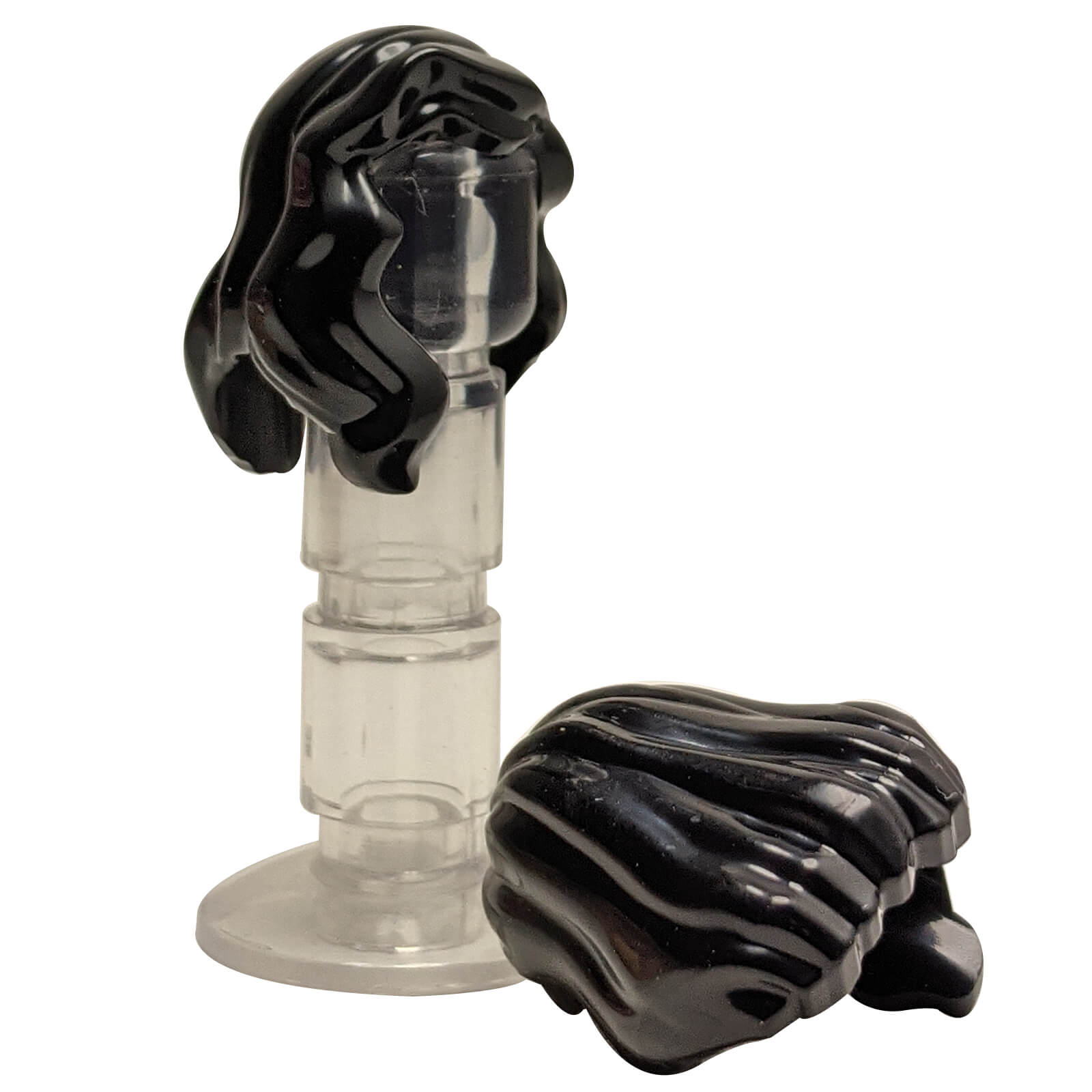 minifigure female mid length hair black with part over right shoulder detailed hairstyle accessory piece
