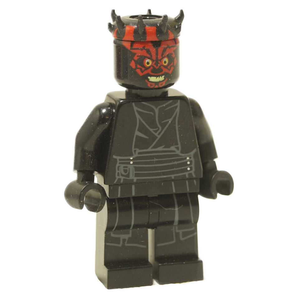 Black minifigure with red and black face print, horned headpiece, and black outfit printing.
