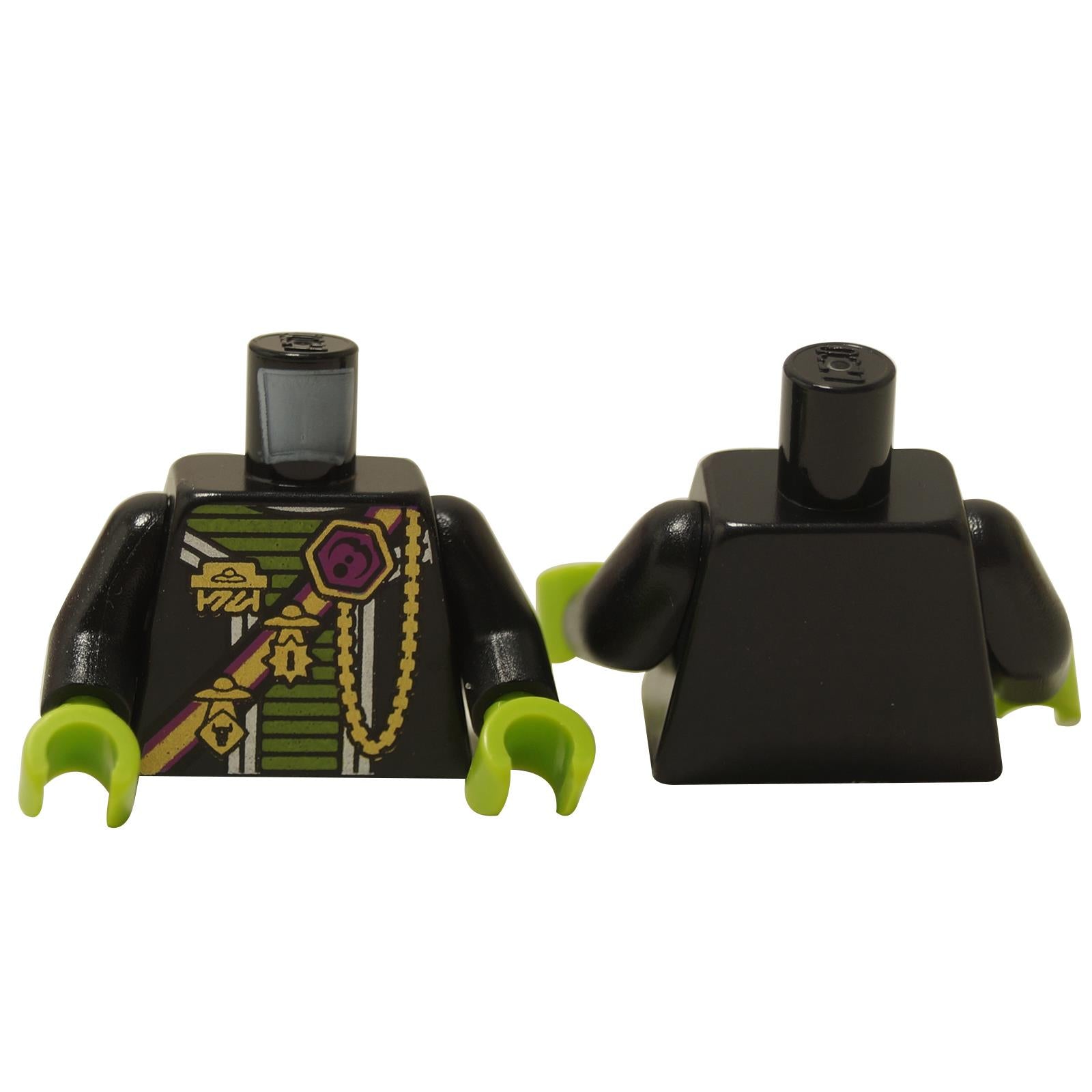Torso de minifigura Negro con impresión de tirante de hombro alienígena y manos verdes, mostrado por delante y por detrás.
