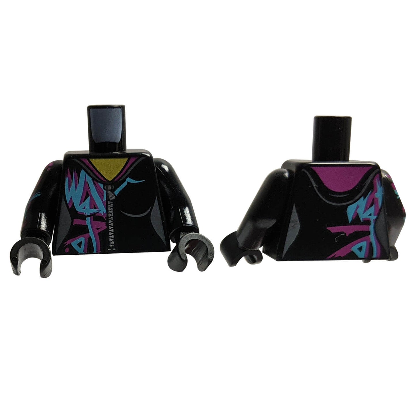 Torso de capuche LEGO noir, graffiti, magenta, azur, fermeture éclair, torso de minifigure 973pb3362c01