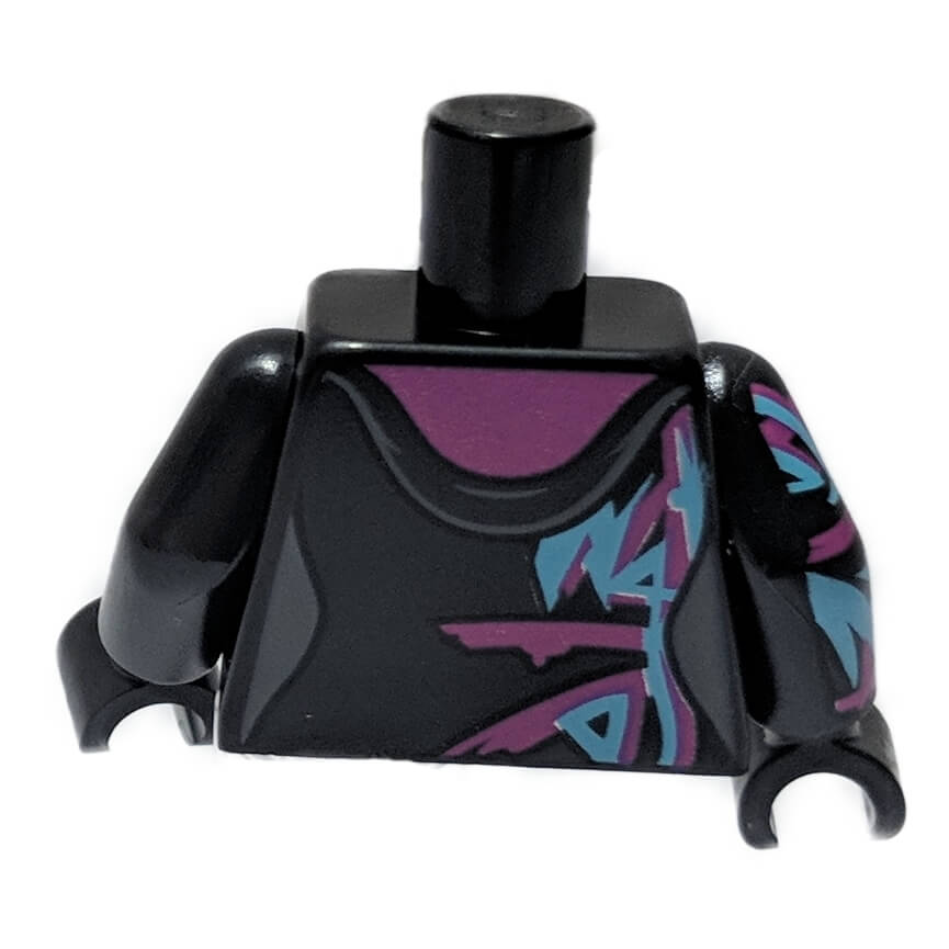 Torso de minifigure LEGO noir avec capuche, magenta, medium, azur, motif graffiti, arrière 973pb3362c01