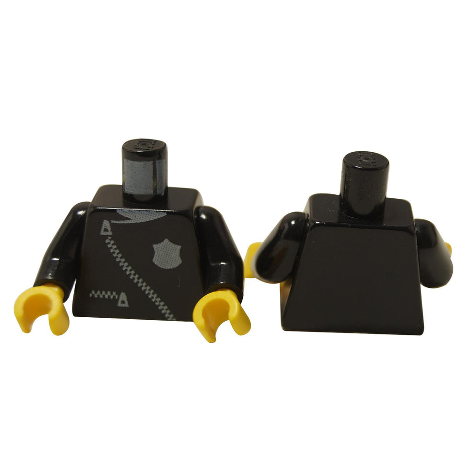 Black minifigure torso with police leather jacket print, white zippers and badge, yellow hands, front and back view

